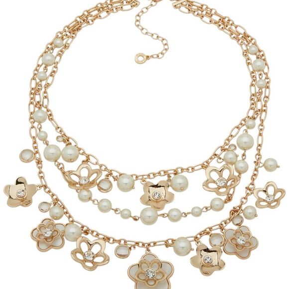 Anne Klein Gold tone and imitation Pearl Floral Necklace - Picture 1 of 4